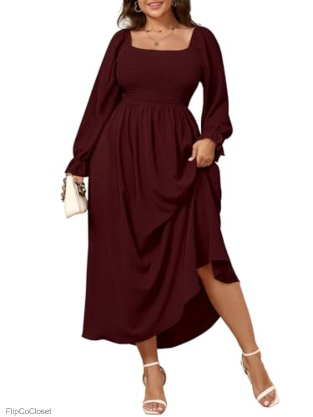 Plus Size Maxi Dress Long Sleeve Square Neck Smocked Flowy A-Line Boho Wedding